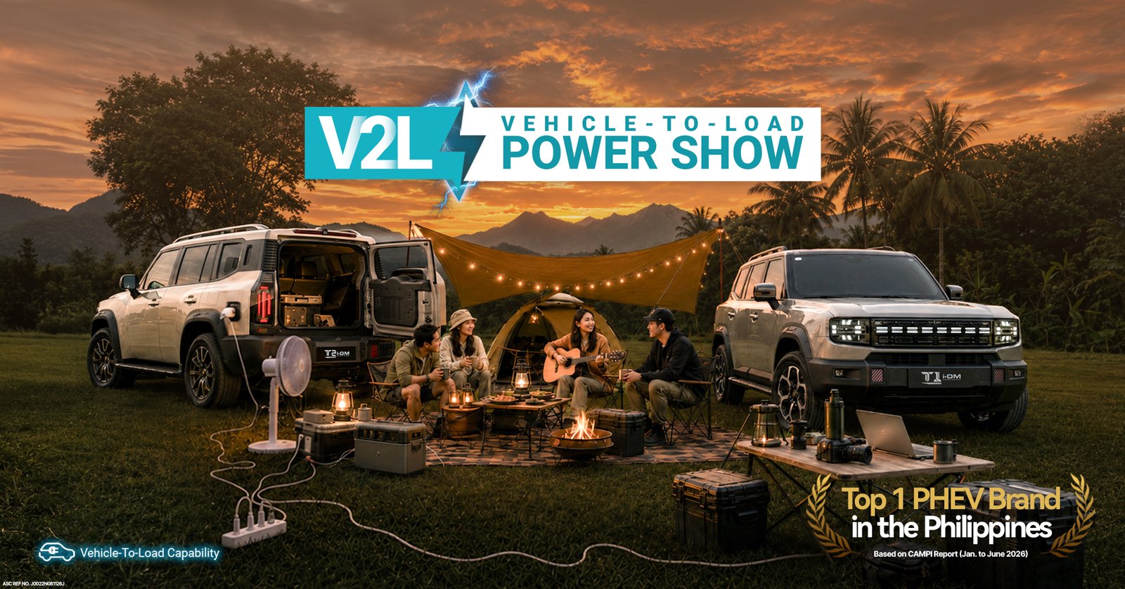 Four people camping between two SUVs powered by vehicle-to-load capability at sunset, with the headline “V2L Vehicle-to-Load Power Show.”